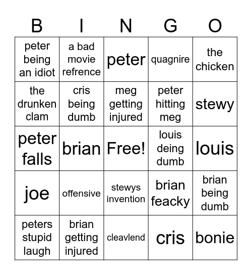 family guy bingo Card