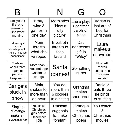 Nicole Christmas BINGO Card