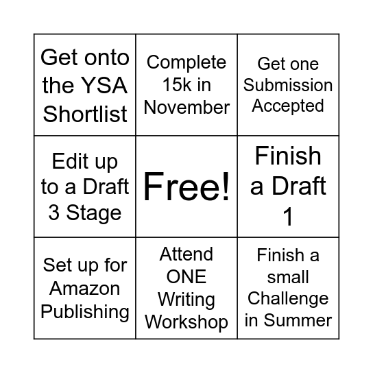 2025 Writing Bingo Card