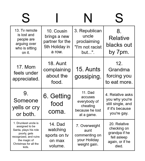 FAMILY SINS BINGO Card