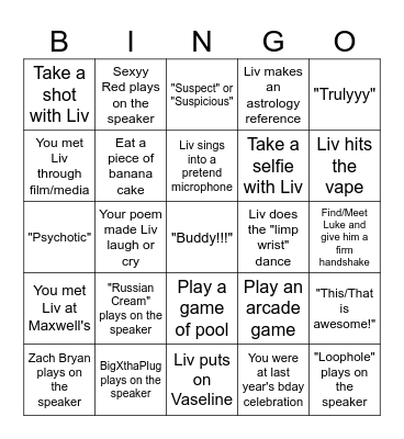 We Love Liv Bingo Card