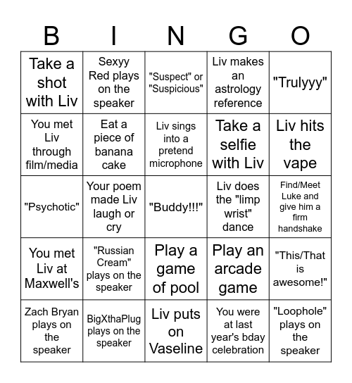 We Love Liv Bingo Card