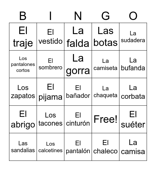 La ropa Bingo Card