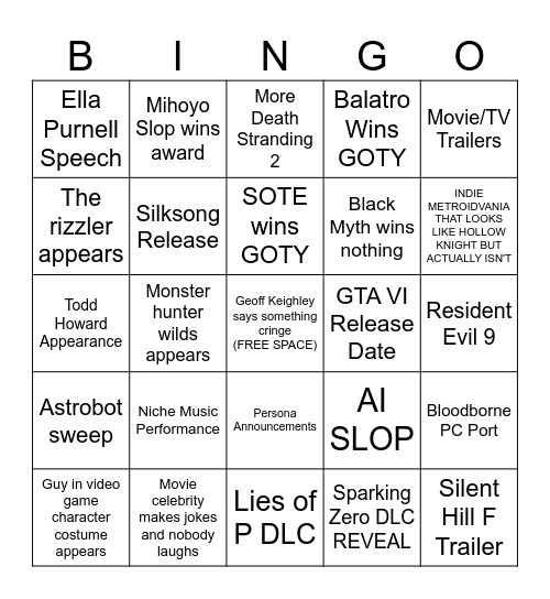 2024 Game Awards Bingo Card