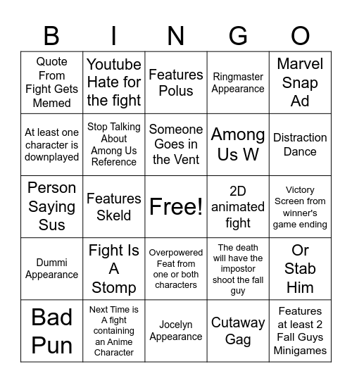 Among Us vs. Fall Guys Bingo Card