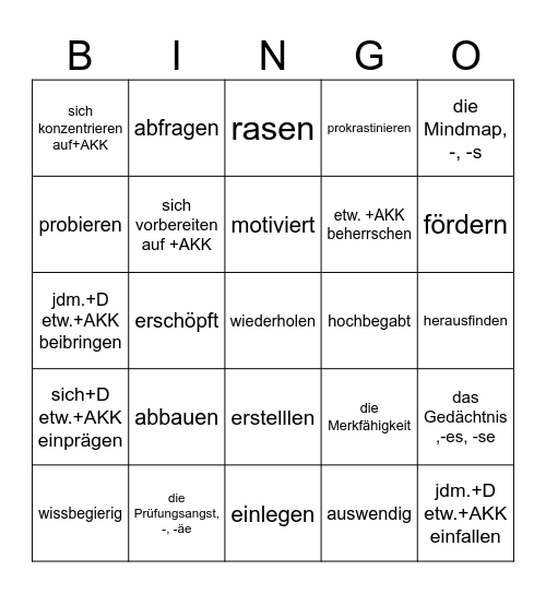 Thema: Lernen Bingo Card