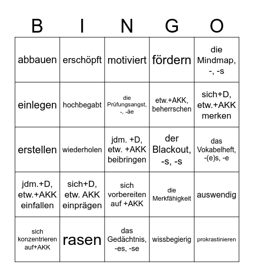 Thema: Lernen Bingo Card