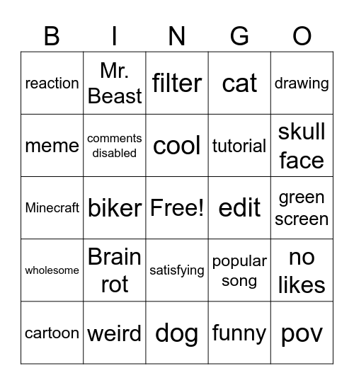 yt shorts Bingo Card