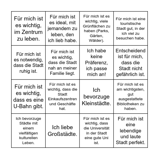 Was ist für dich am wichtigsten in einer Stadt? Bingo Card