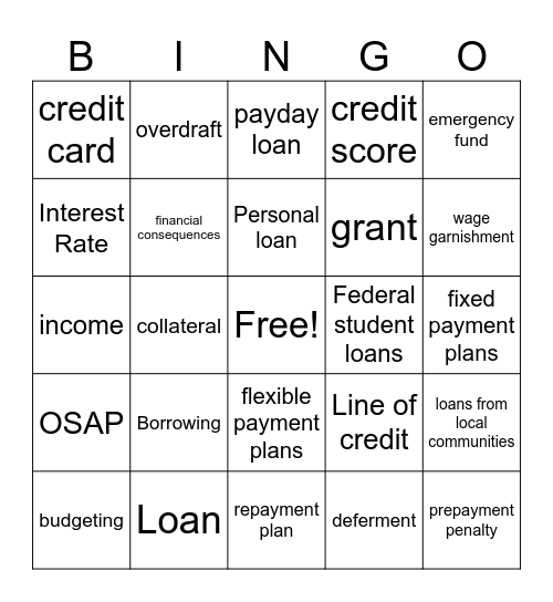 Financial Literacy Bingo Card