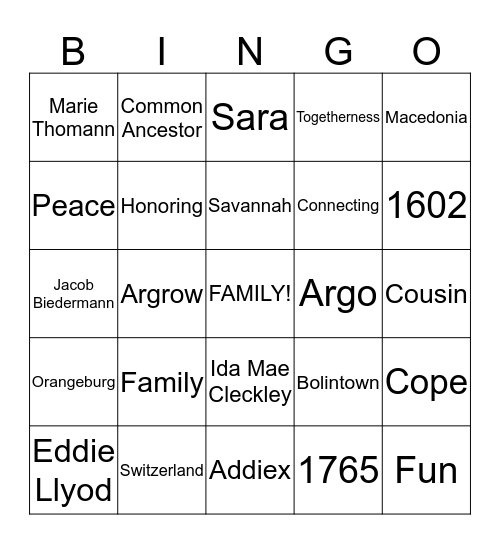 Argrow-Argo Family Reunion 2016 Bingo Card