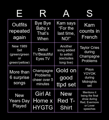 Eras Tour Final Night Bingo Card