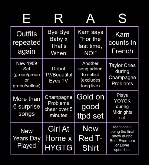 Eras Tour Final Night Bingo Card