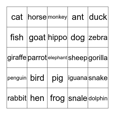 Animals Bingo Card