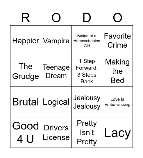 Oliva Rodrigo Bingo Card