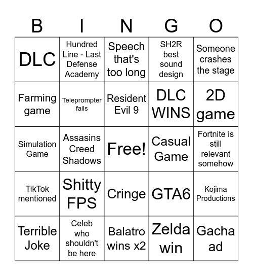 The Game Awards Bingo Card