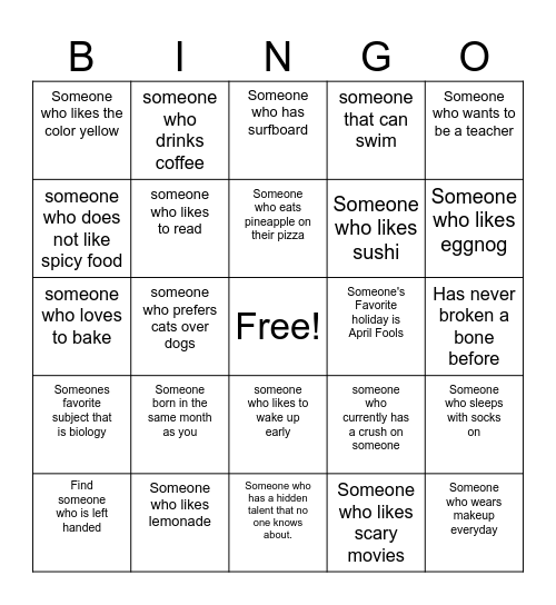 Lets Get To Know Each Other! Bingo Card