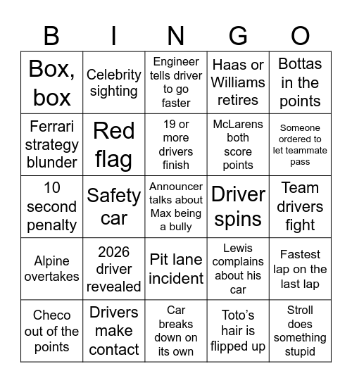 F1 Finale Bingo Card