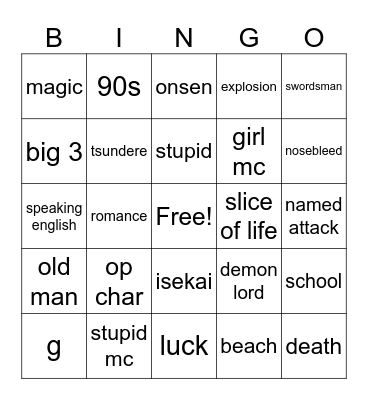 anime bingo Card