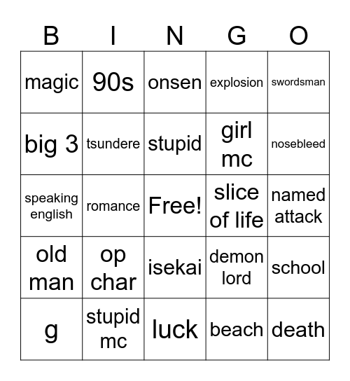 anime bingo Card