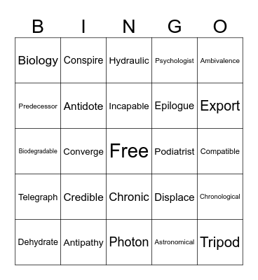 Review Vocabulary BINGO Card