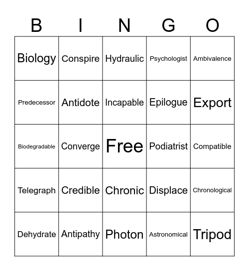 Review Vocabulary BINGO Card
