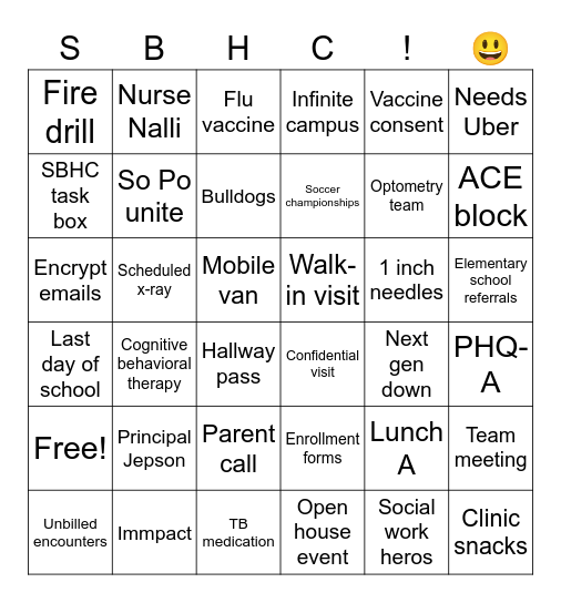 SBHC party bingo Card