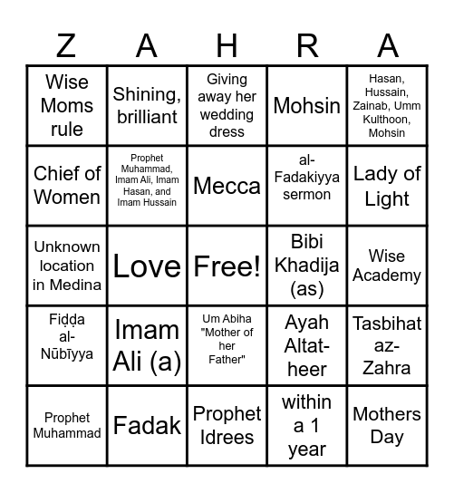 Mothers Day/ Lady Fatima (as) BINGO Card