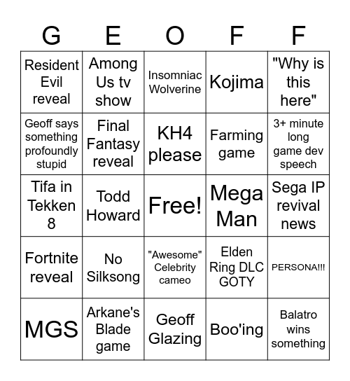 game awards 2024 Bingo Card