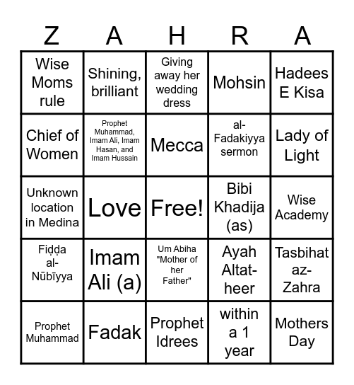 Mothers Day/ Lady Fatima (as) BINGO Card