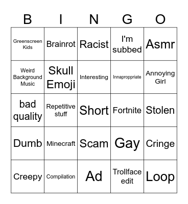 YouTube Shorts Bingo Card