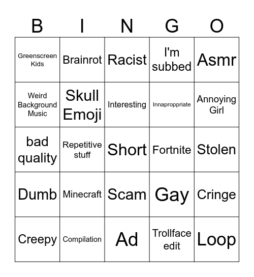 YouTube Shorts Bingo Card