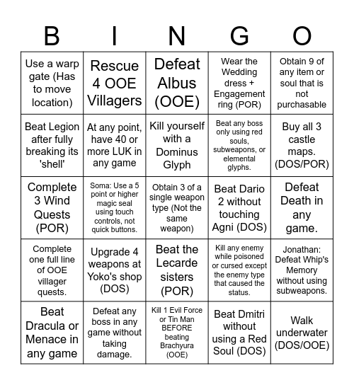 Castlevania Dominus Collection Lockout Bingo Card