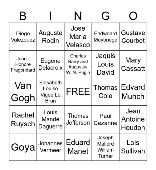 Art History Bingo Unit 3/4 Name the Artist Bingo Card