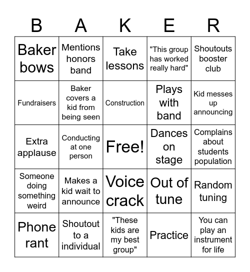 Baker Bingo Card