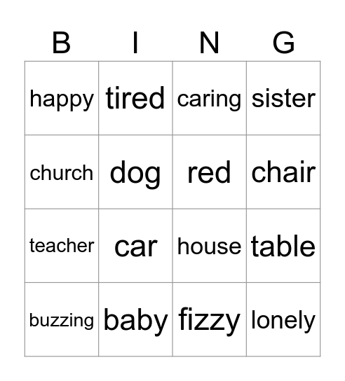 Nouns, Verbs & Adjectives Bingo Card