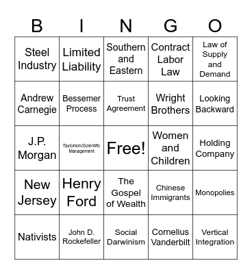 Gilded Age Bingo Card