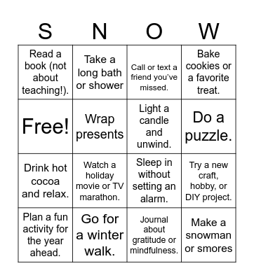 Winter Break Bingo Card