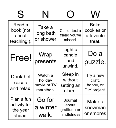 Winter Break Bingo Card