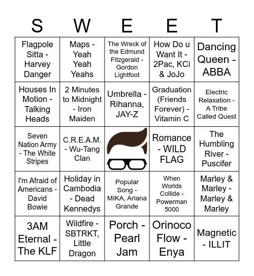 Collab Night Sweet Avenue Music Bingo Card