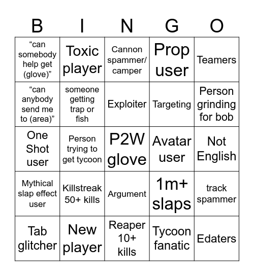 Slap Battles Bingo Card