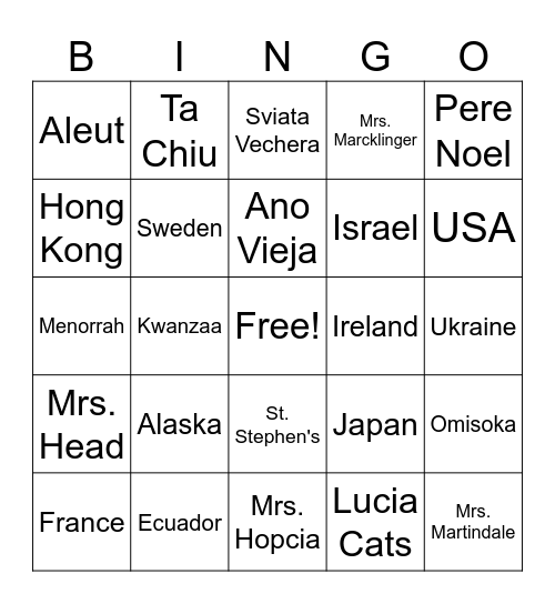 Holiday Traditions Around the World Bingo Card