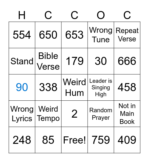Singing Night Bingo Card