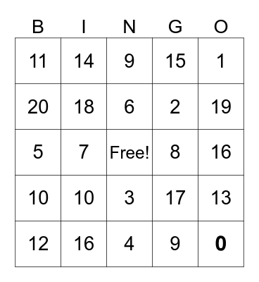 Addition Bingo Card