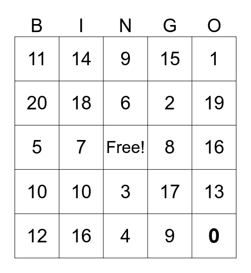 Addition Bingo Card