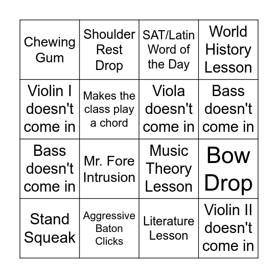 Orchestra Bingaur Bingo Card