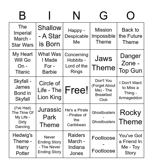 Iconic Movie Sountracks Bingo Card