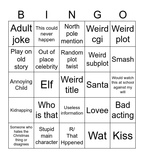 Bad Xmas movie Bingo Card