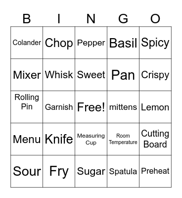 Cooking Bingo Card