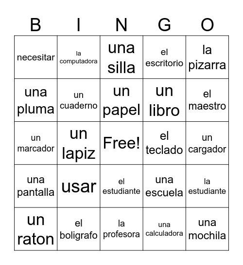 Unidad 4- School supplies Bingo Card